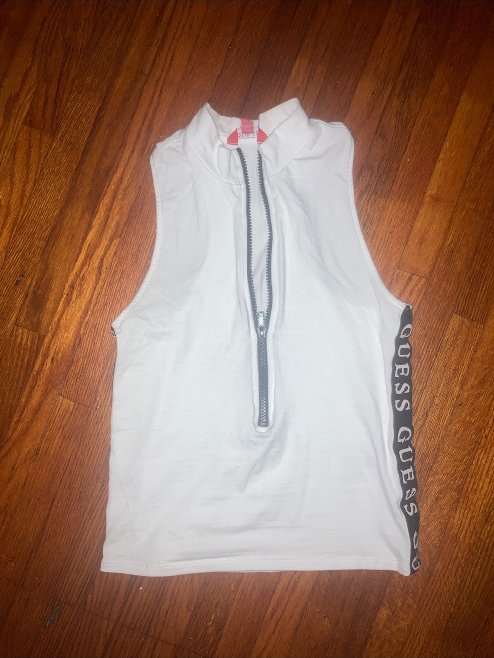 Guess White Sleeveless Zip Tank with Black Logo Tape